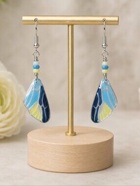 #551 HAND CRAFTED Earrings handcrafted handmade Resin Blue Yellow Butterfly Wing
